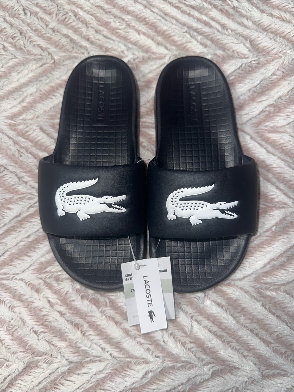 Lacoste Navy Slide Sandals with White Croc Logo